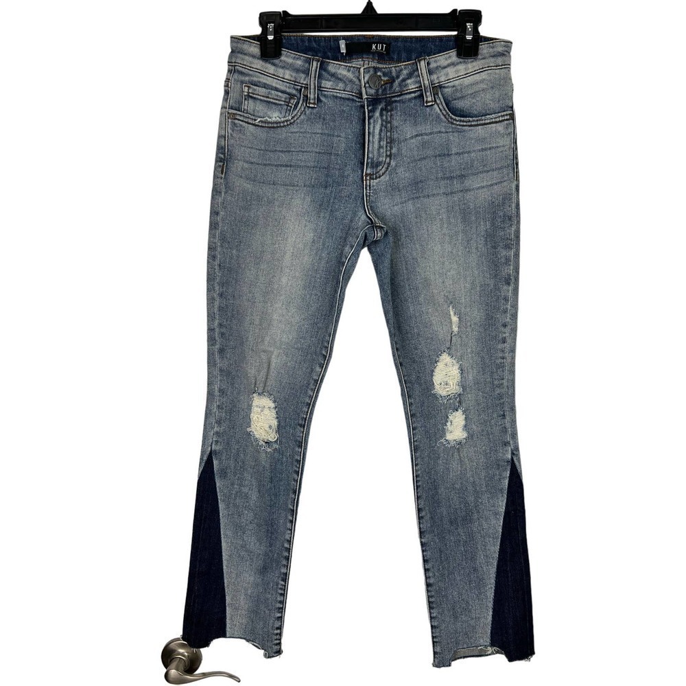 KUT From The Kloth Reese Raw Hem Distressed Two Tone Ankle Straight Jean 4